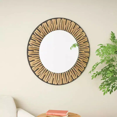 36"x36" Wood Handmade Abstract Carved Wall Mirror - Olivia & May: Bohemian Style, Pine Frame