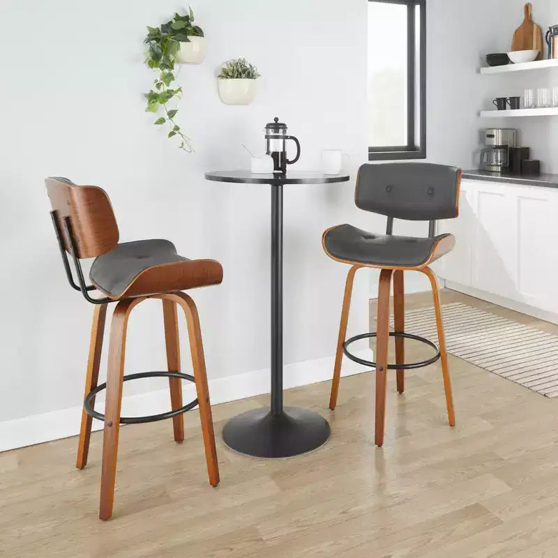 Set of 2 Lombardi Barstools Walnut/Black/Gray PU - LumiSource: Mid-Century Modern, Fixed Height, Footrest