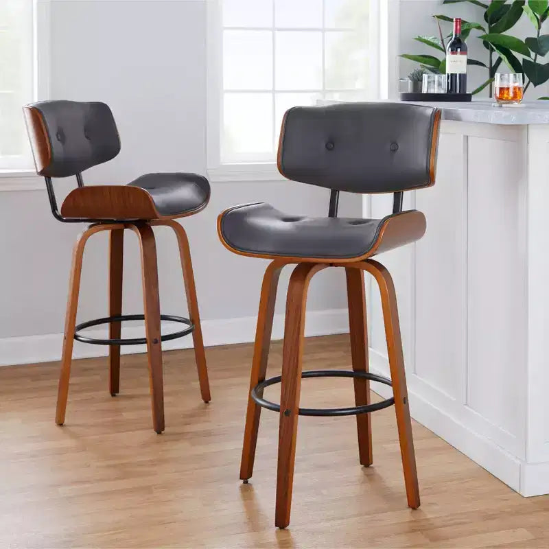 Set of 2 Lombardi Barstools Walnut/Black/Gray PU - LumiSource: Mid-Century Modern, Fixed Height, Footrest