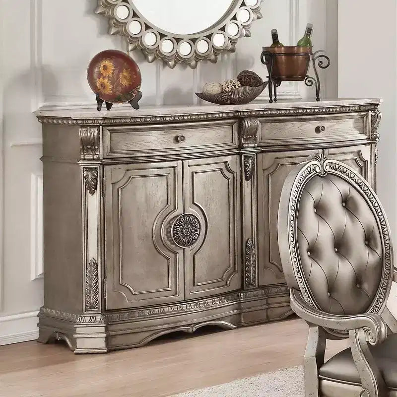 Northville 68" Marble Top Server with Storage, Antique Silver - Acme Furniture: No Assembly, Scrolled Motifs