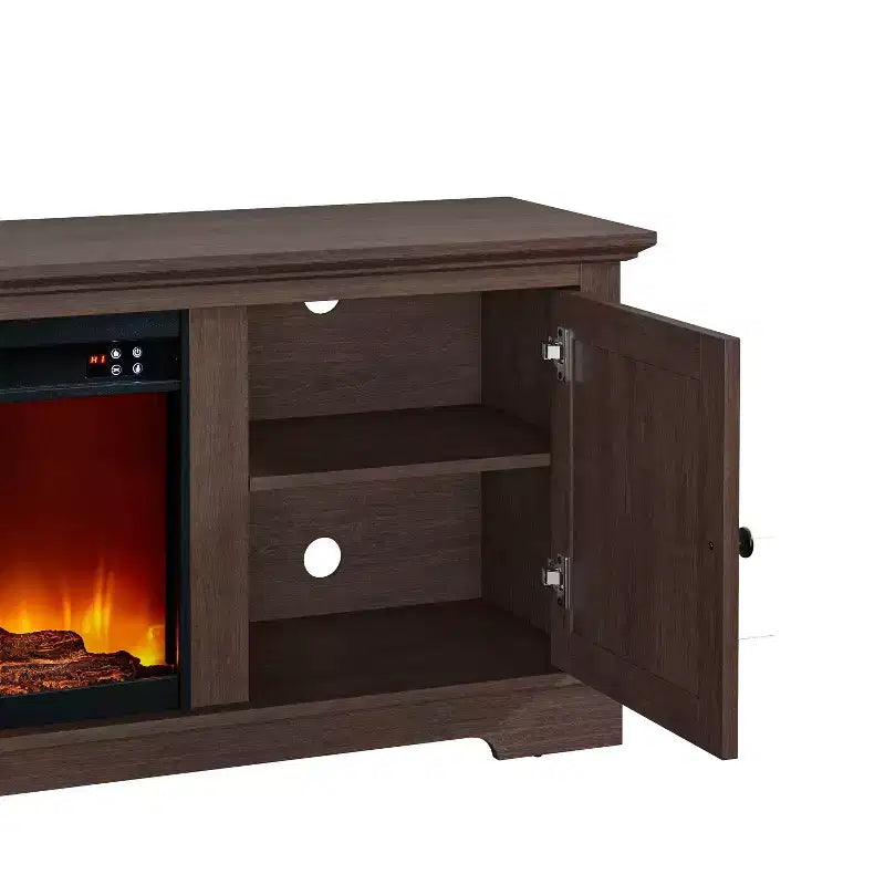 78" Farmhouse TV Stand for TVs up to 80" with Electric Fireplace Brown - Festivo: Media Console, MDF Storage