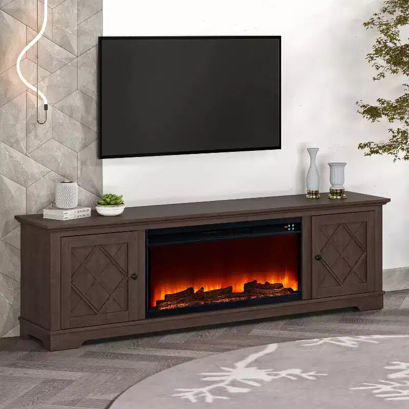 78" Farmhouse TV Stand for TVs up to 80" with Electric Fireplace Brown - Festivo: Media Console, MDF Storage