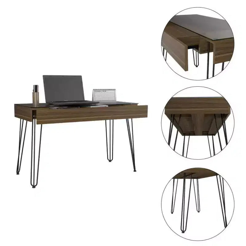 Almaty Computer Desk Brown - Boahaus: Ergonomic Workstation with Drawer & Tempered Glass Top