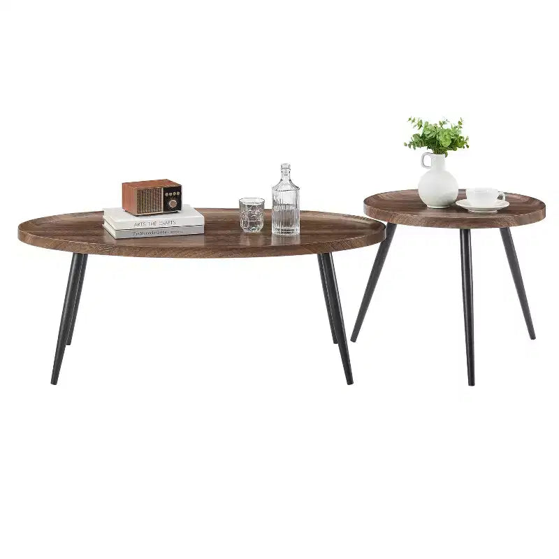 2pc Paxton Round & Oval Mid-Century Coffee Table Set Walnut: Storage, Tapered Legs, Laminated Surface, Scandinavian Style