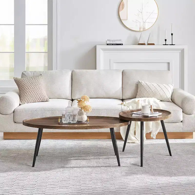 2pc Paxton Round & Oval Mid-Century Coffee Table Set Walnut: Storage, Tapered Legs, Laminated Surface, Scandinavian Style