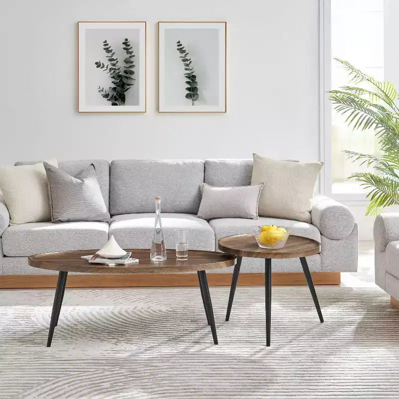 2pc Paxton Round & Oval Mid-Century Coffee Table Set Walnut: Storage, Tapered Legs, Laminated Surface, Scandinavian Style