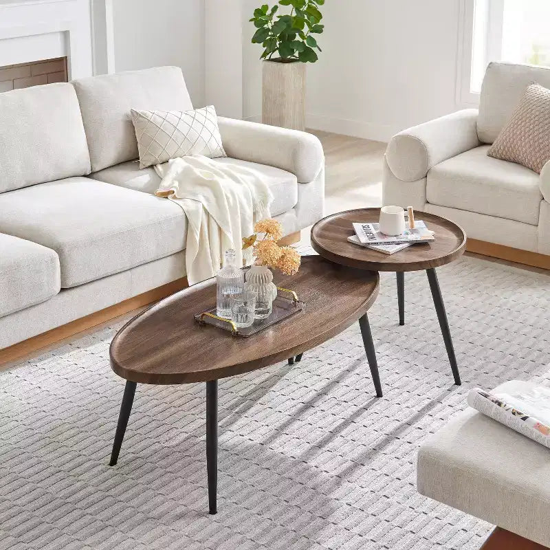 2pc Paxton Round & Oval Mid-Century Coffee Table Set Walnut: Storage, Tapered Legs, Laminated Surface, Scandinavian Style