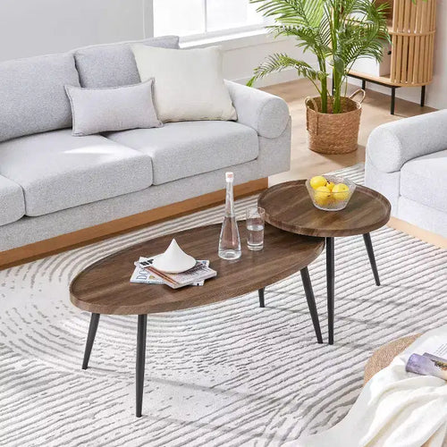 2pc Paxton Round & Oval Mid-Century Coffee Table Set Walnut: Storage, Tapered Legs, Laminated Surface, Scandinavian Style