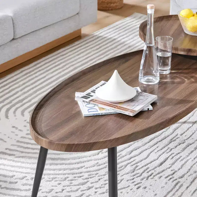 2pc Paxton Round & Oval Mid-Century Coffee Table Set Walnut: Storage, Tapered Legs, Laminated Surface, Scandinavian Style