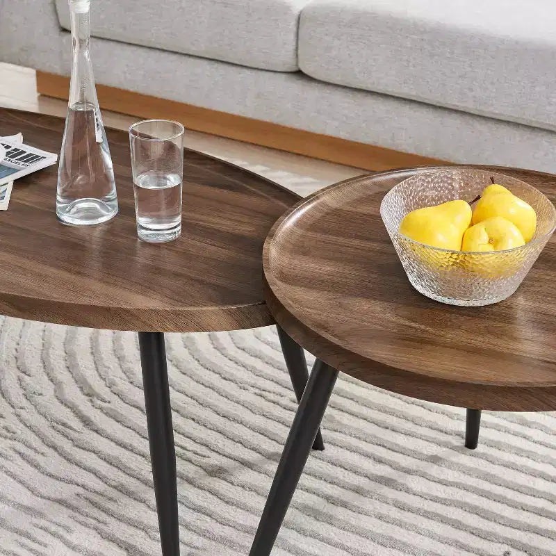2pc Paxton Round & Oval Mid-Century Coffee Table Set Walnut: Storage, Tapered Legs, Laminated Surface, Scandinavian Style