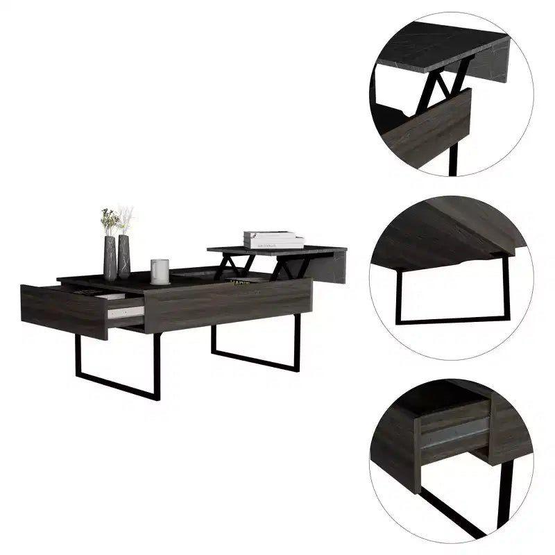 Turin Coffee Table Espresso - Boahaus: Lift-Top, Concealed Storage, Double Pedestal Base