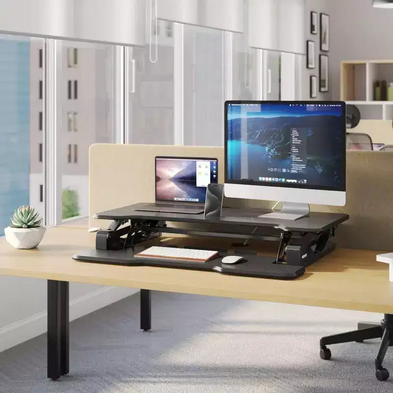 Mount-It! Height Adjustable Stand Up Desk Converter | 38 Wide Tabletop Standing Desk Riser with Gas Spring & Keyboard Tray Fits Two Monitors | Black