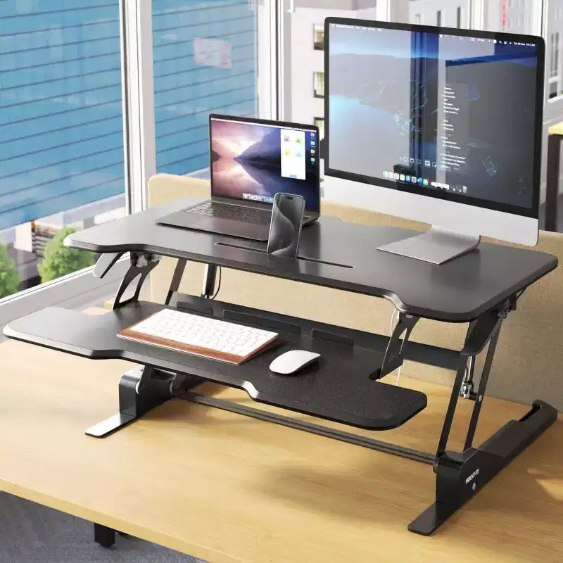 Mount-It! Height Adjustable Stand Up Desk Converter | 38 Wide Tabletop Standing Desk Riser with Gas Spring & Keyboard Tray Fits Two Monitors | Black
