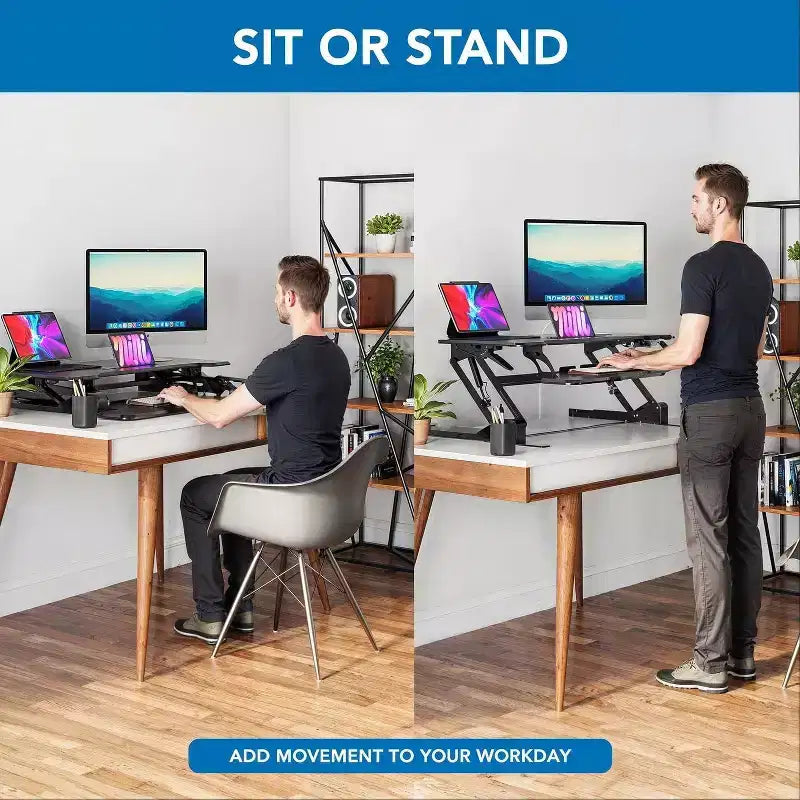 Mount-It! Height Adjustable Stand Up Desk Converter | 38 Wide Tabletop Standing Desk Riser with Gas Spring & Keyboard Tray Fits Two Monitors | Black