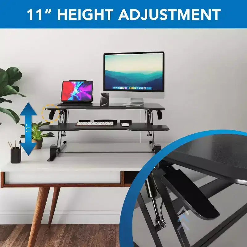 Mount-It! Height Adjustable Stand Up Desk Converter | 38 Wide Tabletop Standing Desk Riser with Gas Spring & Keyboard Tray Fits Two Monitors | Black