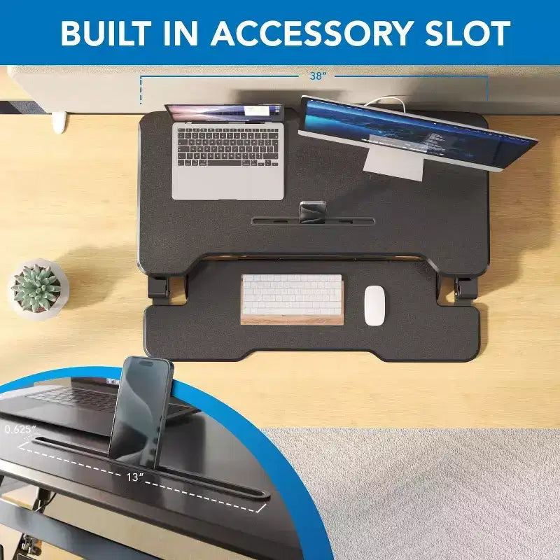 Mount-It! Height Adjustable Stand Up Desk Converter | 38 Wide Tabletop Standing Desk Riser with Gas Spring & Keyboard Tray Fits Two Monitors | Black
