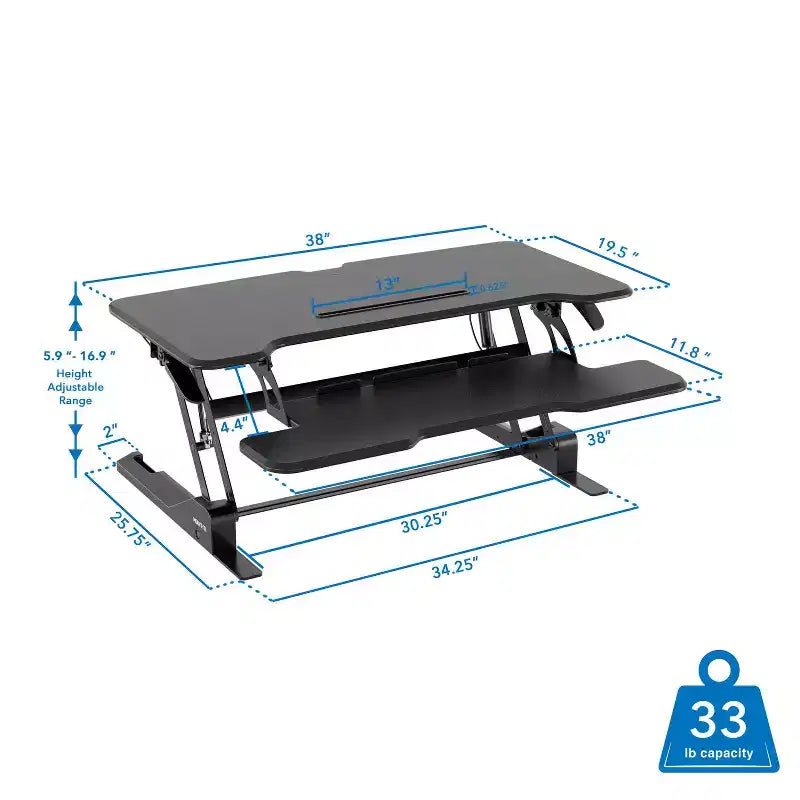 Mount-It! Height Adjustable Stand Up Desk Converter | 38 Wide Tabletop Standing Desk Riser with Gas Spring & Keyboard Tray Fits Two Monitors | Black