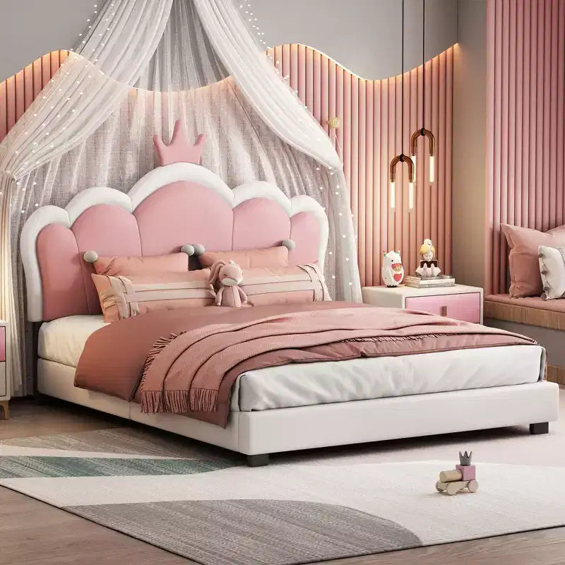Full/ Twin Size Platform Bed, Upholstered Princess Bed Frame with Crown Headboard -ModernLuxe