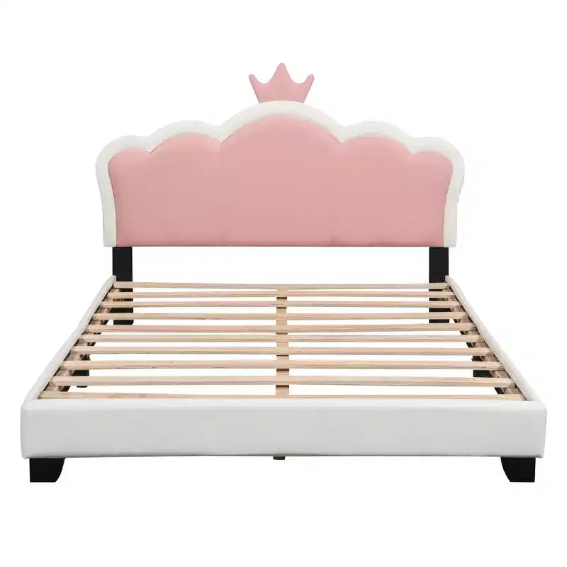Full/ Twin Size Platform Bed, Upholstered Princess Bed Frame with Crown Headboard -ModernLuxe