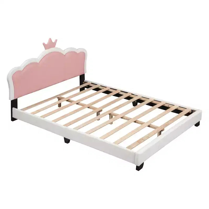 Full/ Twin Size Platform Bed, Upholstered Princess Bed Frame with Crown Headboard -ModernLuxe