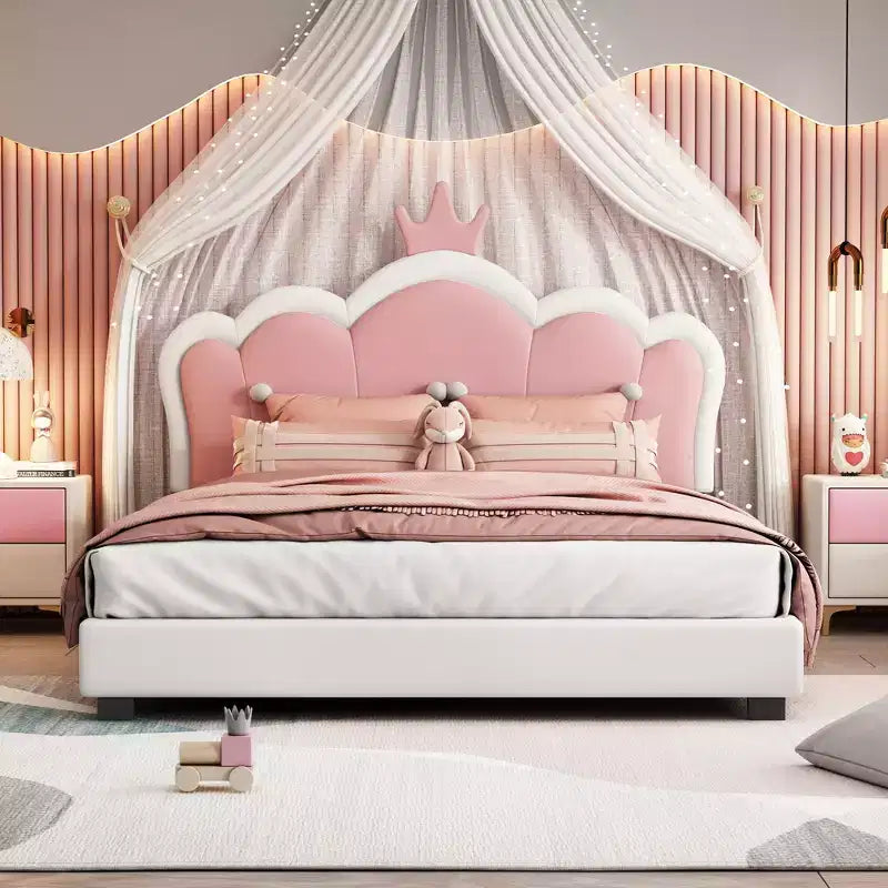 Full/ Twin Size Platform Bed, Upholstered Princess Bed Frame with Crown Headboard -ModernLuxe