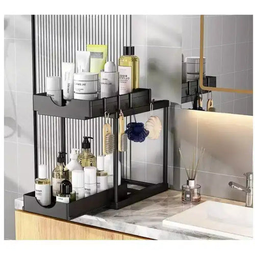 MPM 2 Pack Under Sink Shelf, Kitchen Organizers, 2 Tier Bathroom Cabinet Drawer, Multi-purpose Storage with 4 Hooks