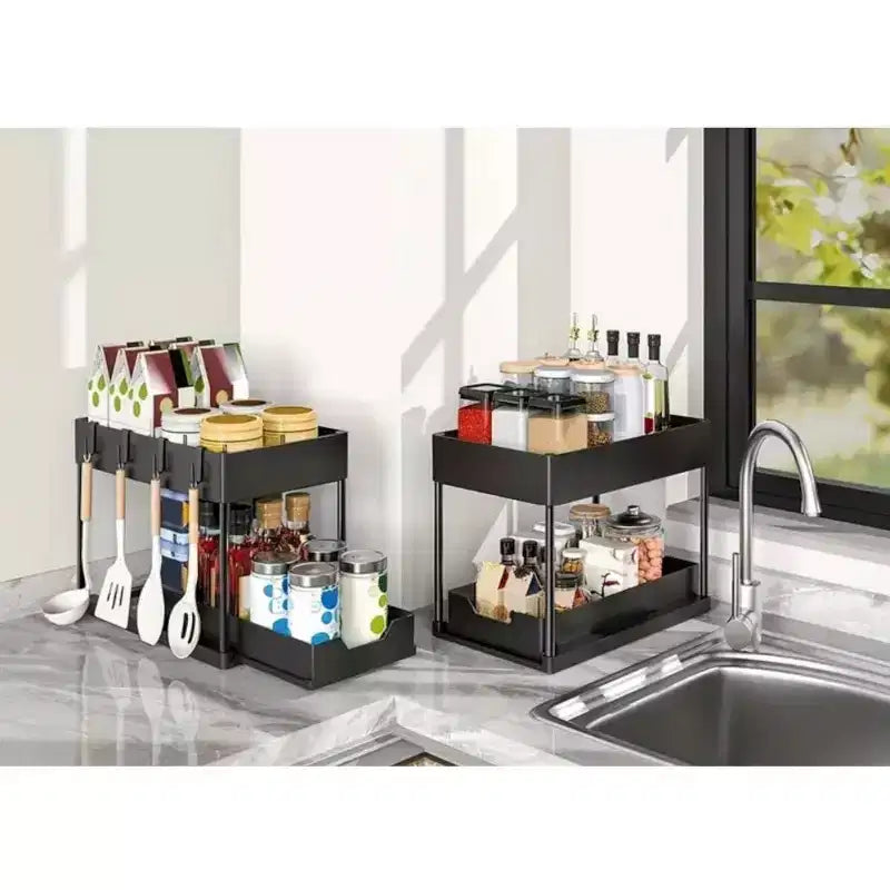 MPM 2 Pack Under Sink Shelf, Kitchen Organizers, 2 Tier Bathroom Cabinet Drawer, Multi-purpose Storage with 4 Hooks