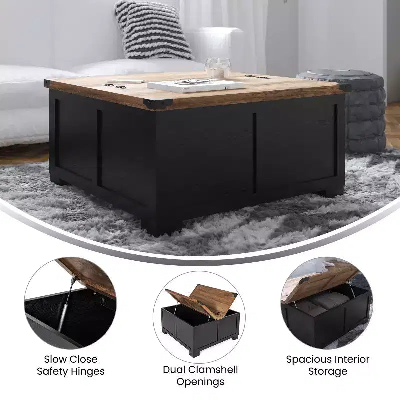 Flash Furniture Wyatt Farmhouse Storage Coffee Table with Hinged Lift Top, Large Coffee Table with Hidden Storage