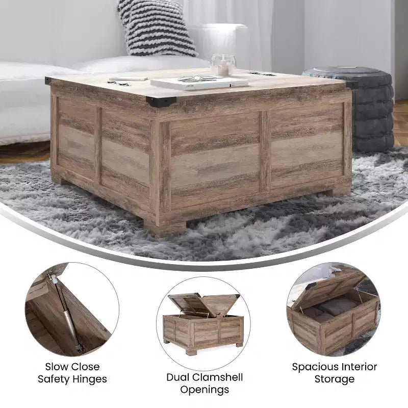 Flash Furniture Wyatt Farmhouse Storage Coffee Table with Hinged Lift Top, Large Coffee Table with Hidden Storage
