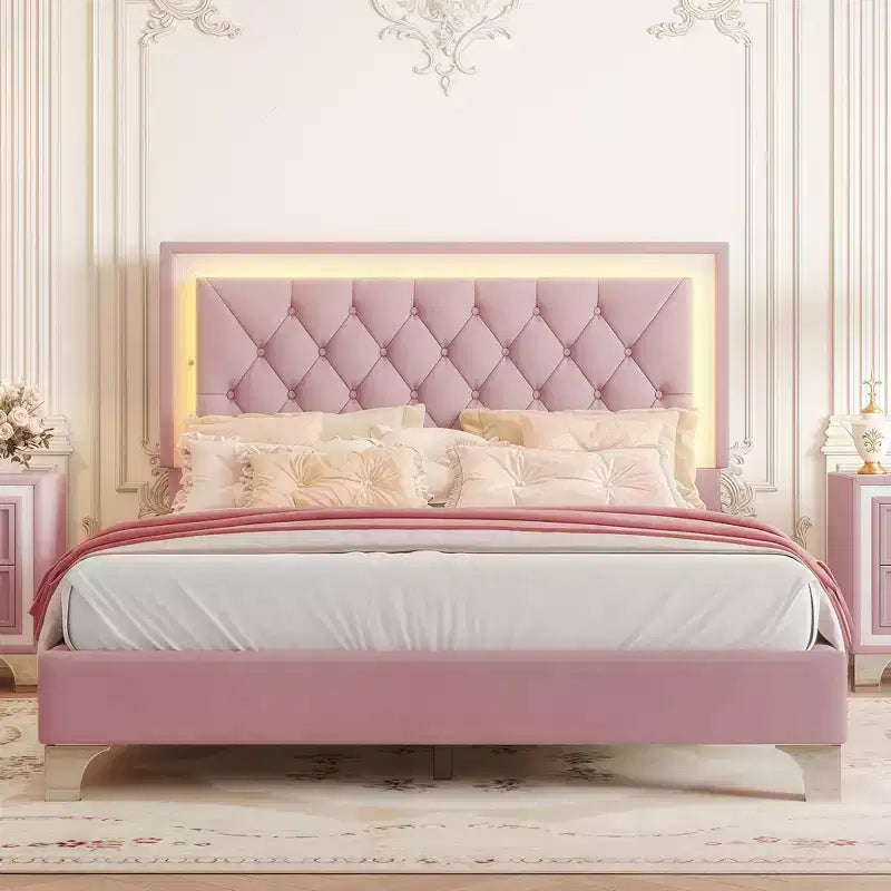 Queen Size Velvet Upholstered Platform Bed Frame with LED Lights and Tufted Headboard-ModernLuxe