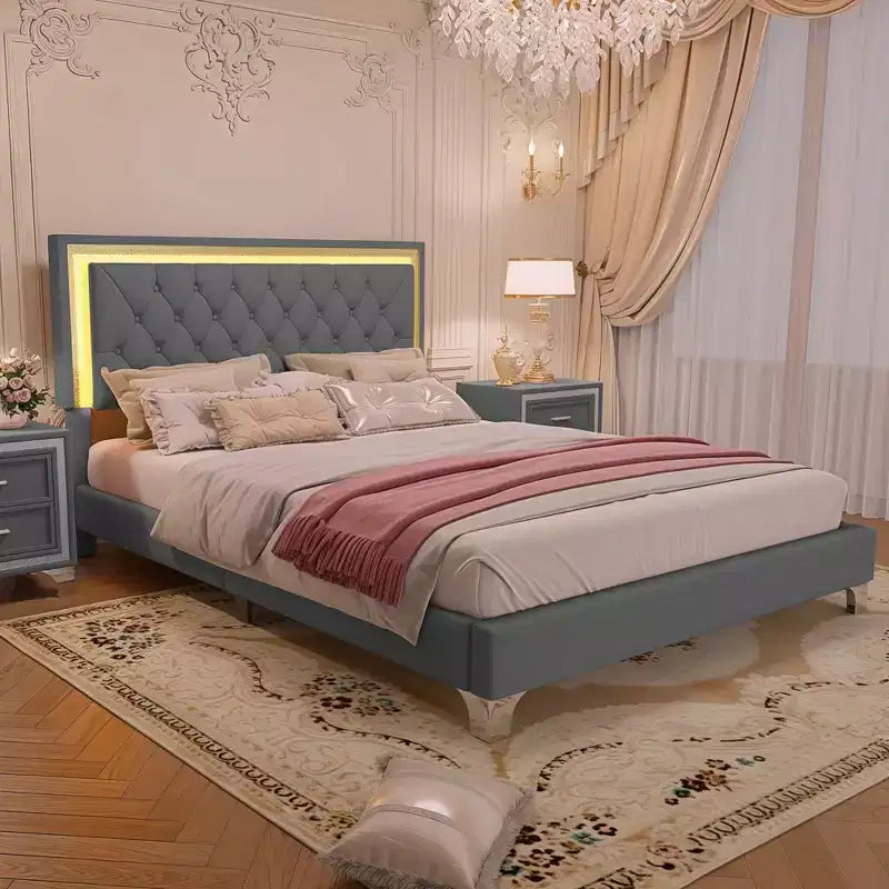 Queen Size Velvet Upholstered Platform Bed Frame with LED Lights and Tufted Headboard-ModernLuxe