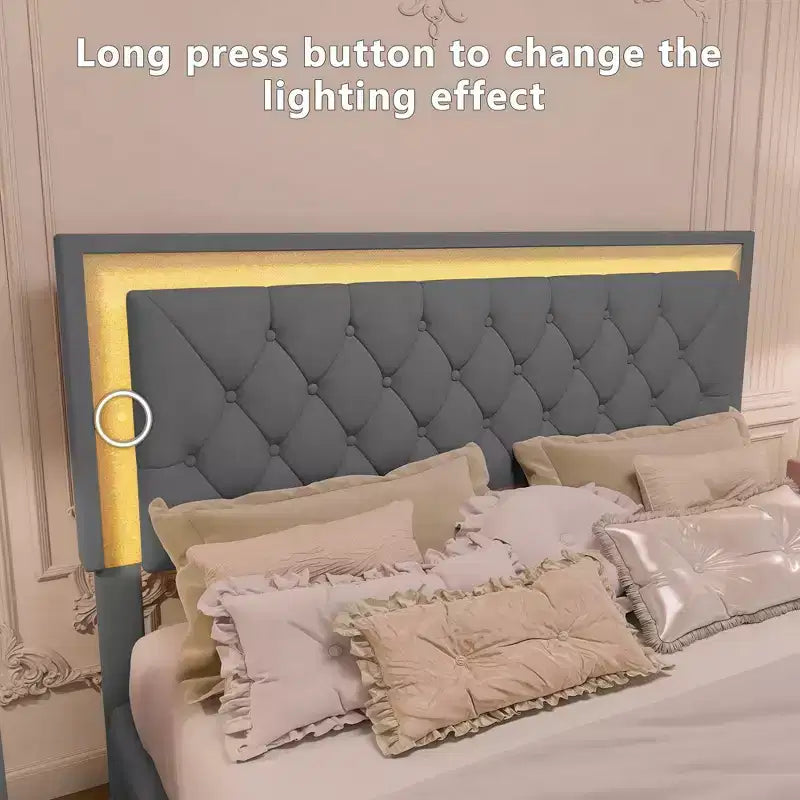 Queen Size Velvet Upholstered Platform Bed Frame with LED Lights and Tufted Headboard-ModernLuxe