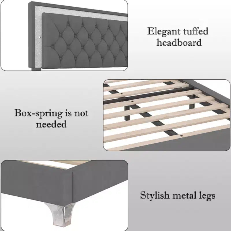 Queen Size Velvet Upholstered Platform Bed Frame with LED Lights and Tufted Headboard-ModernLuxe