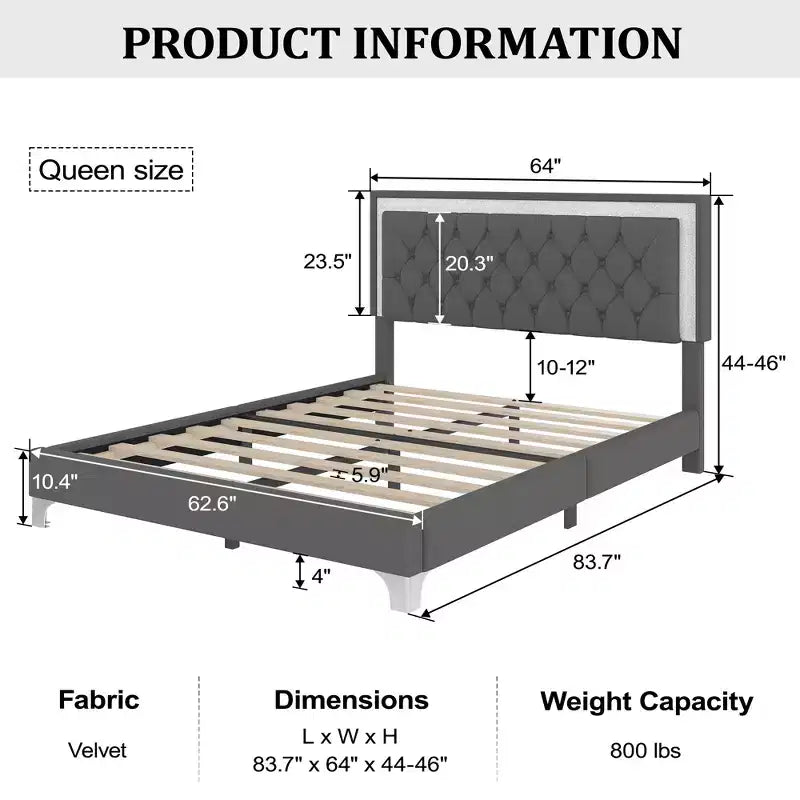Queen Size Velvet Upholstered Platform Bed Frame with LED Lights and Tufted Headboard-ModernLuxe