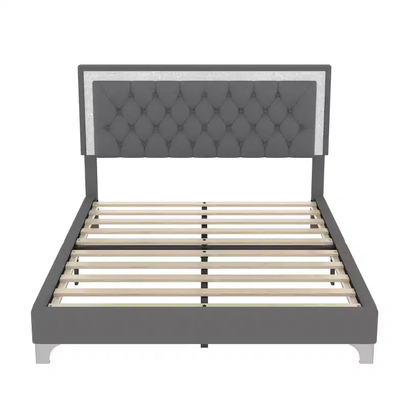 Queen Size Velvet Upholstered Platform Bed Frame with LED Lights and Tufted Headboard-ModernLuxe