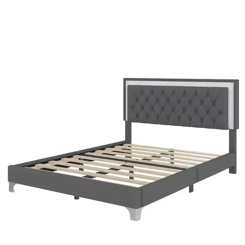 Queen Size Velvet Upholstered Platform Bed Frame with LED Lights and Tufted Headboard-ModernLuxe