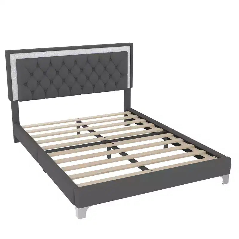Queen Size Velvet Upholstered Platform Bed Frame with LED Lights and Tufted Headboard-ModernLuxe