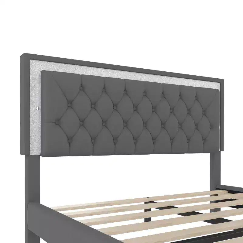 Queen Size Velvet Upholstered Platform Bed Frame with LED Lights and Tufted Headboard-ModernLuxe