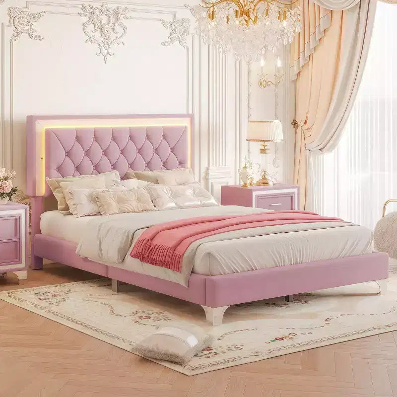 Queen Size Velvet Upholstered Platform Bed Frame with LED Lights and Tufted Headboard-ModernLuxe