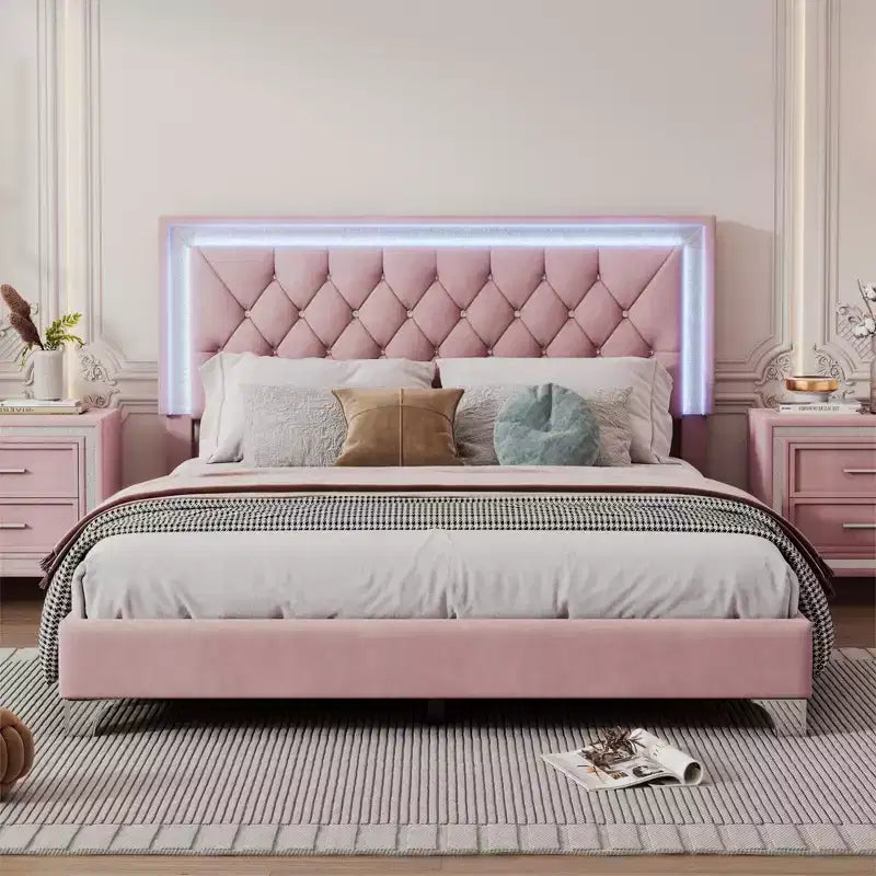 Queen Size Velvet Upholstered Platform Bed Frame with LED Lights and Tufted Headboard-ModernLuxe