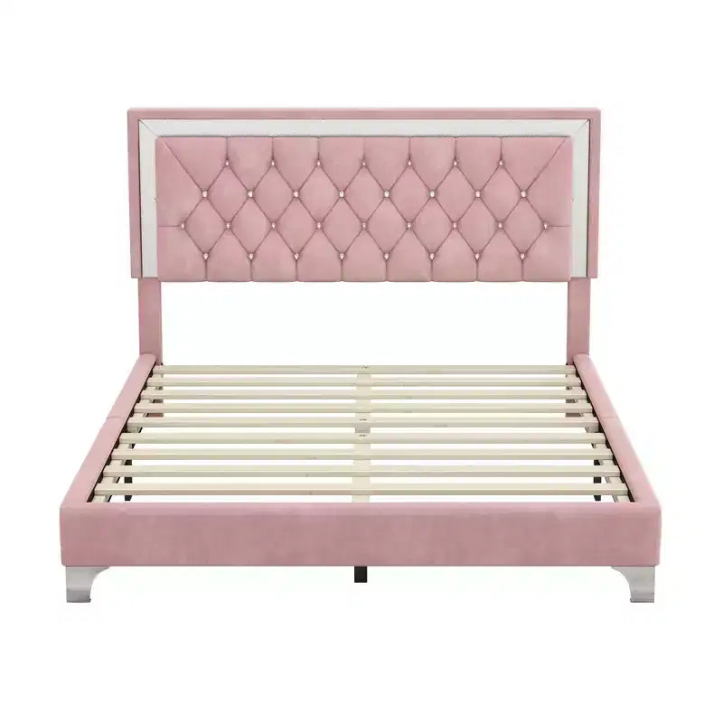 Queen Size Velvet Upholstered Platform Bed Frame with LED Lights and Tufted Headboard-ModernLuxe