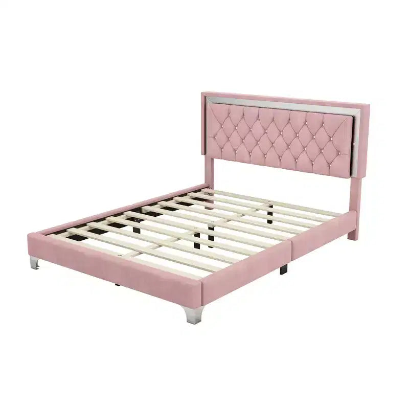 Queen Size Velvet Upholstered Platform Bed Frame with LED Lights and Tufted Headboard-ModernLuxe