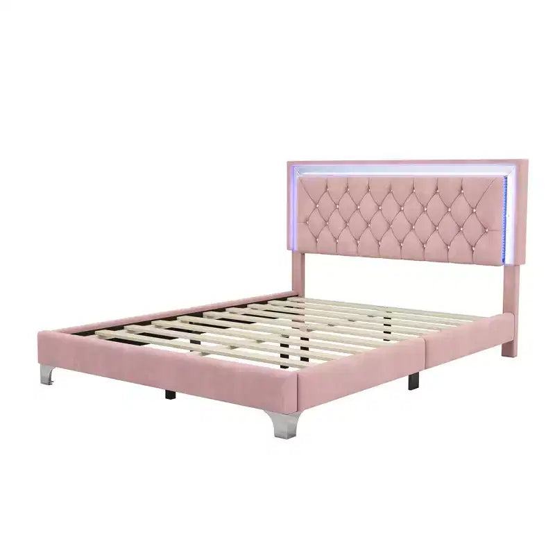 Queen Size Velvet Upholstered Platform Bed Frame with LED Lights and Tufted Headboard-ModernLuxe