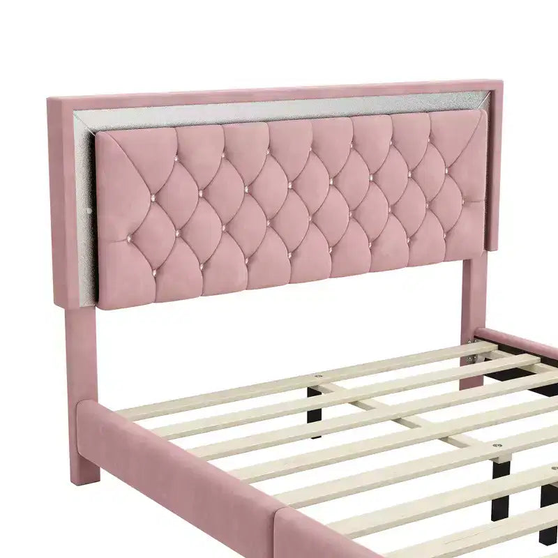 Queen Size Velvet Upholstered Platform Bed Frame with LED Lights and Tufted Headboard-ModernLuxe