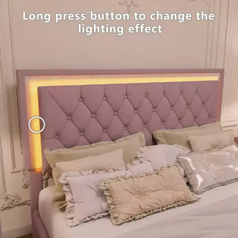 Queen Size Velvet Upholstered Platform Bed Frame with LED Lights and Tufted Headboard-ModernLuxe