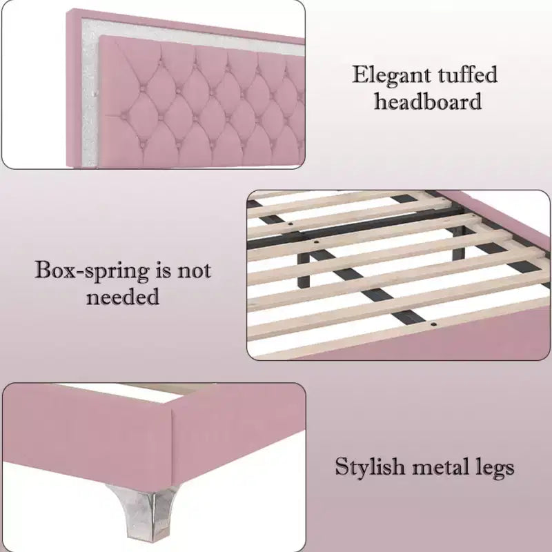Queen Size Velvet Upholstered Platform Bed Frame with LED Lights and Tufted Headboard-ModernLuxe