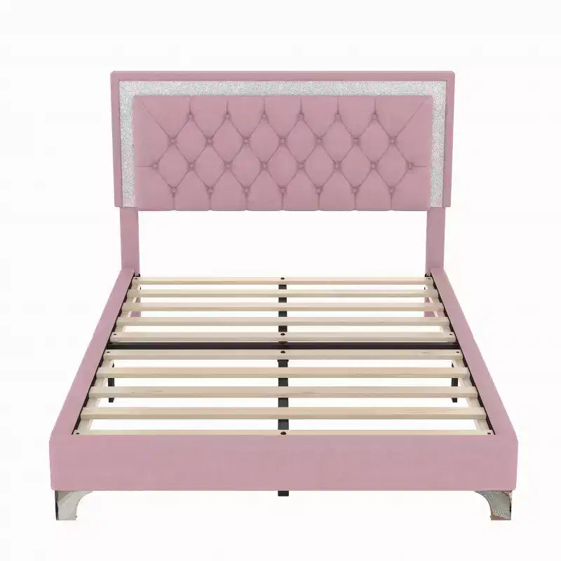 Queen Size Velvet Upholstered Platform Bed Frame with LED Lights and Tufted Headboard-ModernLuxe