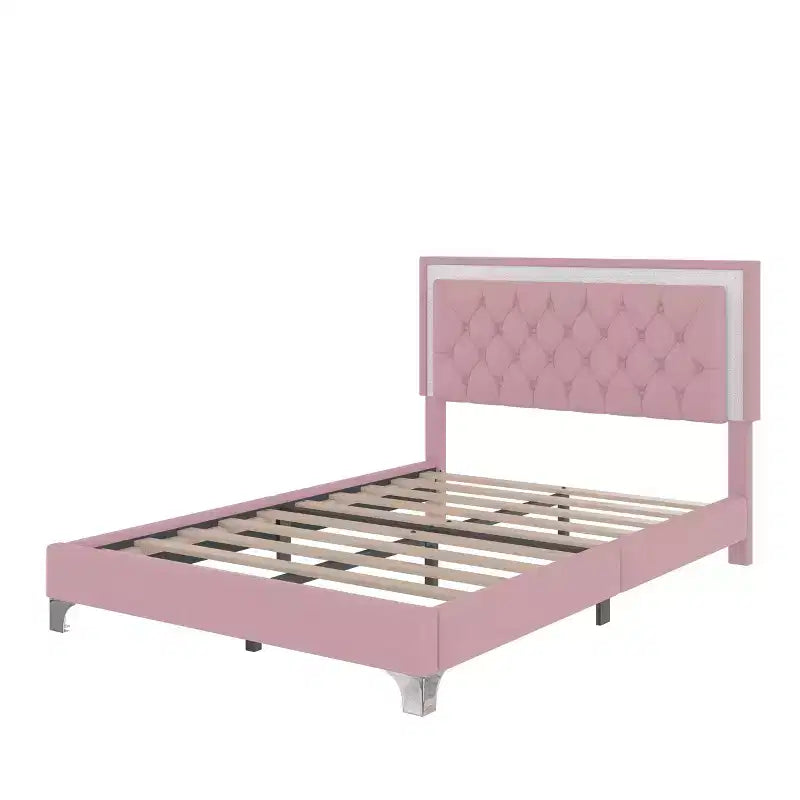 Queen Size Velvet Upholstered Platform Bed Frame with LED Lights and Tufted Headboard-ModernLuxe