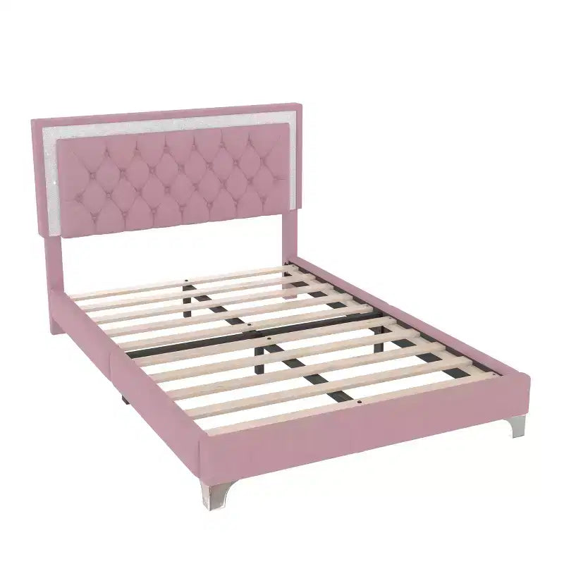 Queen Size Velvet Upholstered Platform Bed Frame with LED Lights and Tufted Headboard-ModernLuxe