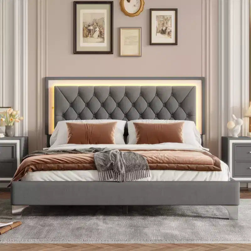 Queen Size Velvet Upholstered Platform Bed Frame with LED Lights and Tufted Headboard-ModernLuxe